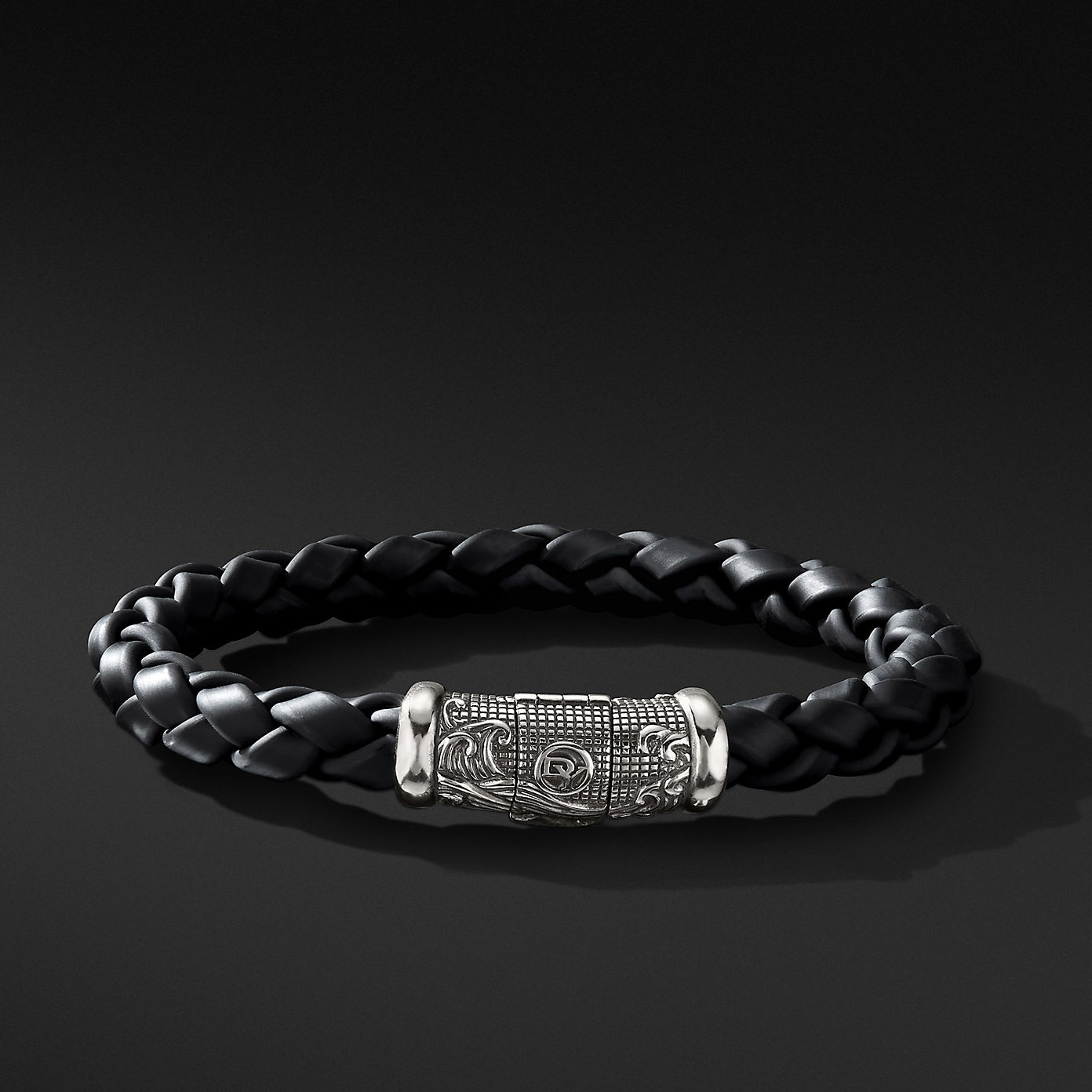 Groothandel OEM Sterling silwer OEM / ODM Juweliersware armband met geweefde swart rubber pasgemaakte ontwerp jou juweliersware verskaffer